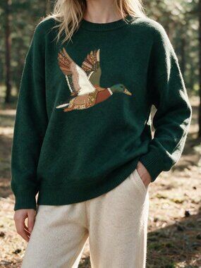 Dark Green Casual Women's Patchwork Duck Print Sweater